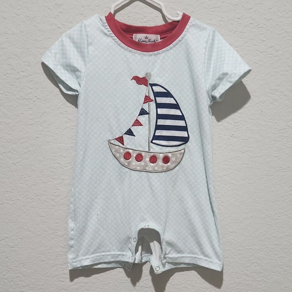 Marie Nicole Baby Romper 12-18M Blue Sailboat Smocked Polka Dot Outfit
